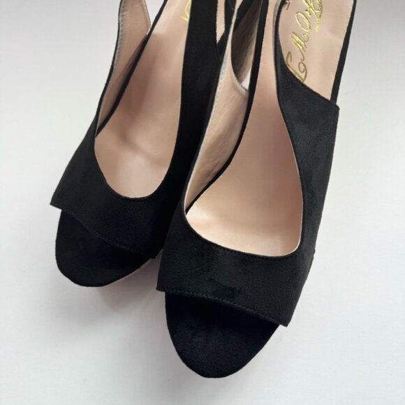 Size 9.5 Black Suede Women Peep Toe Slingback Platform Wedge Sandals High Heel - Picture 6 of 13